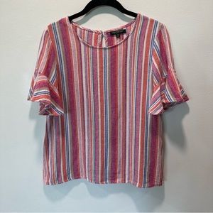 Cynthia Rowley Linen Blend Striped Ruffled Short Sleeve Blouse Women’s size SP